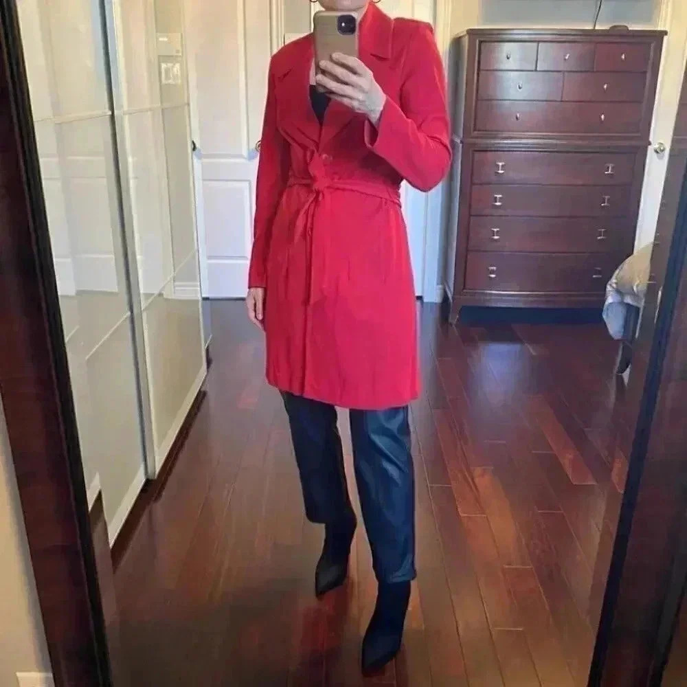 Vintage Le Chateau Trench Coat Red Ponte Knit Duster Blazer Belted Y2K Small - Picture 3 of 16